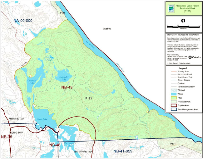 Map showing the Park Trap Lines and Bear Management Areas present inAlexander Lake Provincial Park 