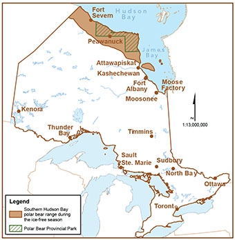 This map shows the distribution of Southern Hudson Bay polar bears.