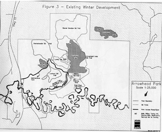 Map showing the winter park features at Arrowhead Provincial Park