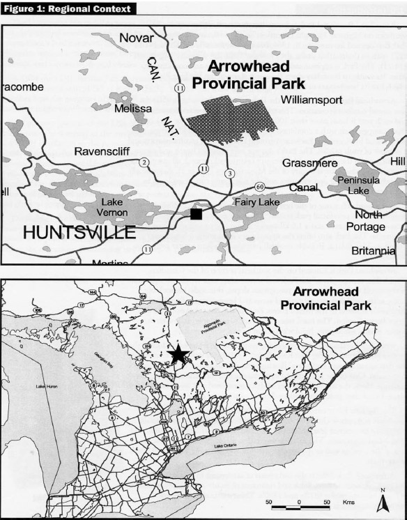 Map showing Arrowhead Provincial Park in relation to its surrounding region
