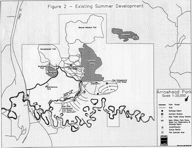 Map showing existing summer development at Arrowhead Provincial Park