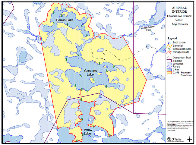 Map of Aulneau Interior Conservation Reserve that shows the boundaries and locations of associated natural heritage and recreational values.