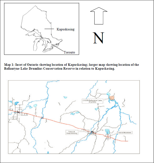 Two maps where first map shows the location of Kapuskasing in Ontario, and the second map shows the location of Ballantyne Lake Drumlins Conversation Reserve