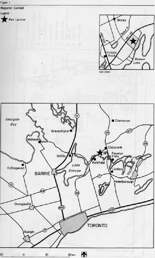 Map showing the location of Balsam Lake Provincial Park in relation to the surrounding region