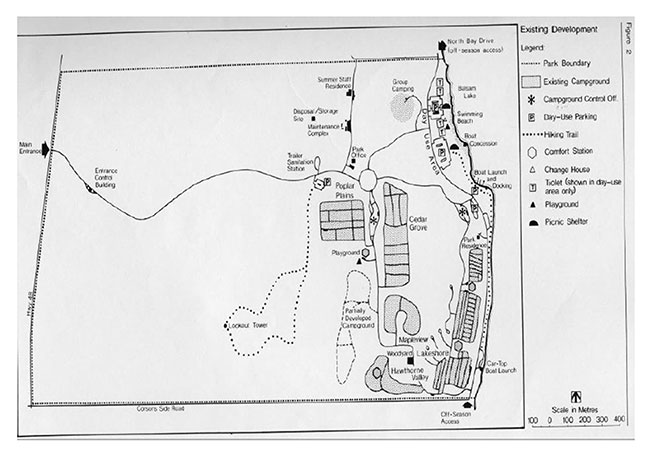 Map showing the Existing Campground Developments inside of Balsam Lake Provincial Park
