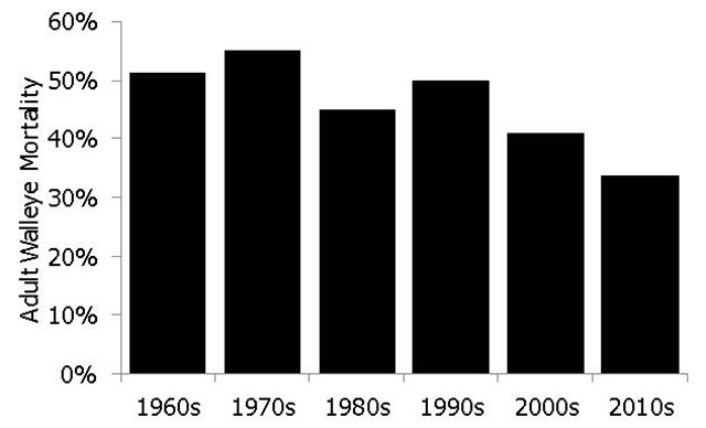 chart of adult walleye mortality from the 1960s to the 2010s.