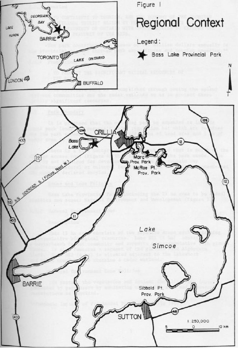 Map showing the position of Bass Lake Provincial Park in relation to surrounding region