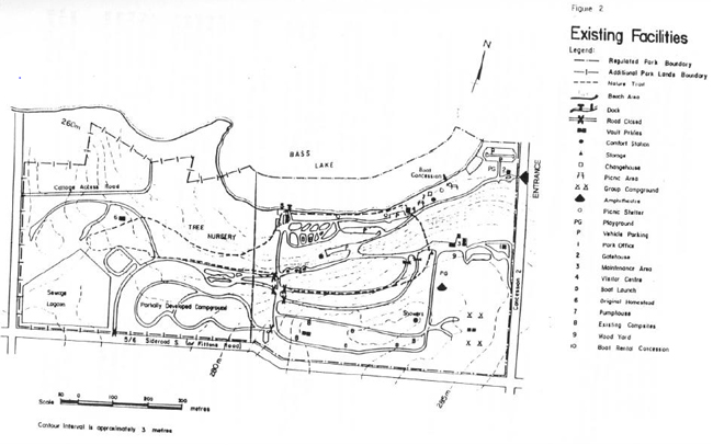 Map showing Existing Facilities at Bass Lake Provincial Park