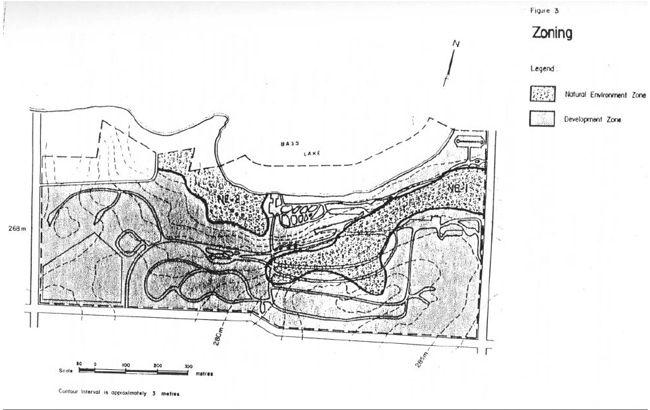 Map showing the Natural Environment Zone and Development Zone in Bass Lake Provincial Park