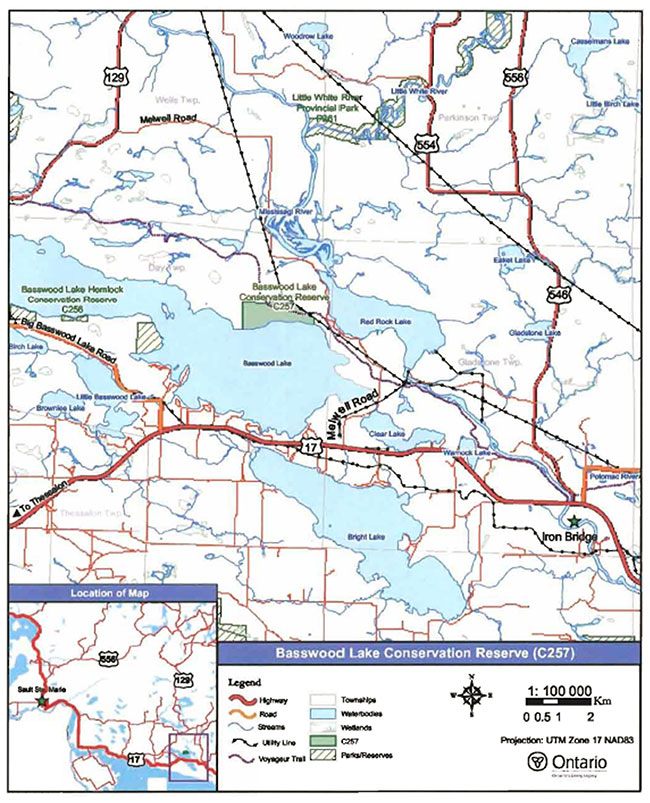 Map showing the location of Basswood Lake Conservation Reserve 
