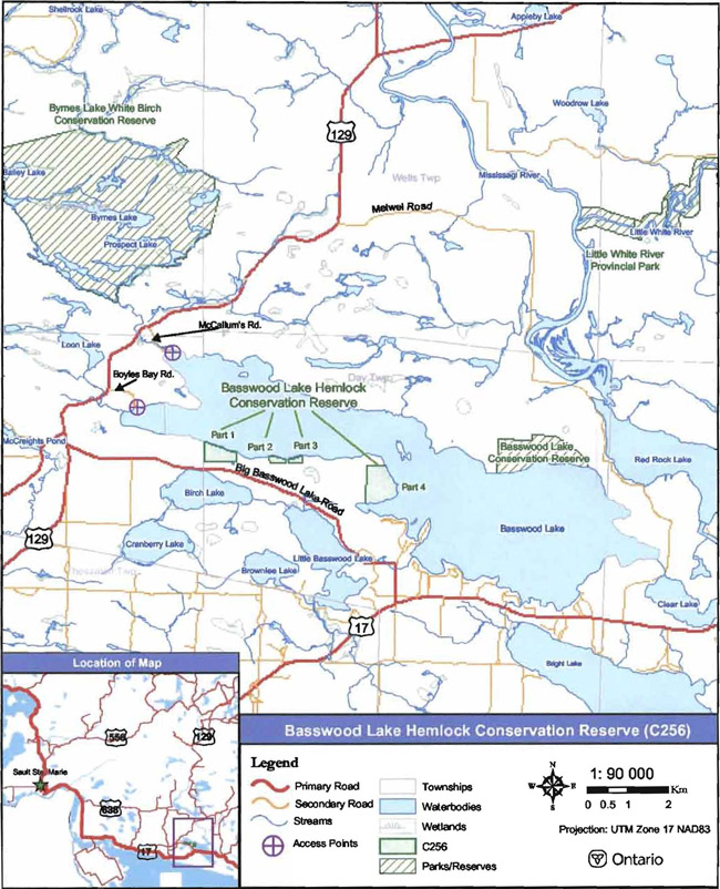Map showing location of Basswood Lake Hemlock Conservation Reserve