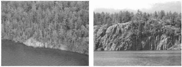 2 photos – Photo on left shows the "50 foot cliffs"., Photo on right shows "100 foot" cliffs