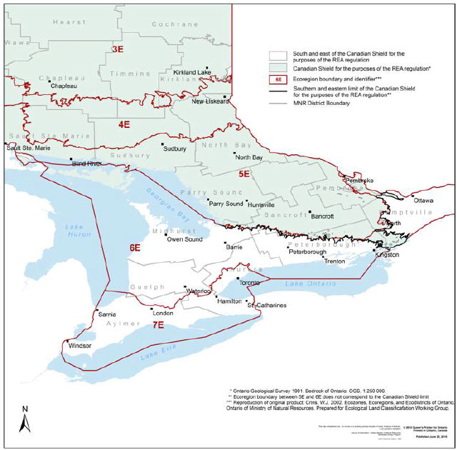 Map showing the Canadian Shield and Ecoregion Line. The South and east of the Canadian Shield is depicted in white, the rest of the Canadian Shield is depicted in blue, the ecoregion boundary and identifier are depicted with a red line, the Southern and eastern limit of the Canadian Shield is depicted with a black line, and the Ministry of Natural Resources boundary is depicted with a grey line.