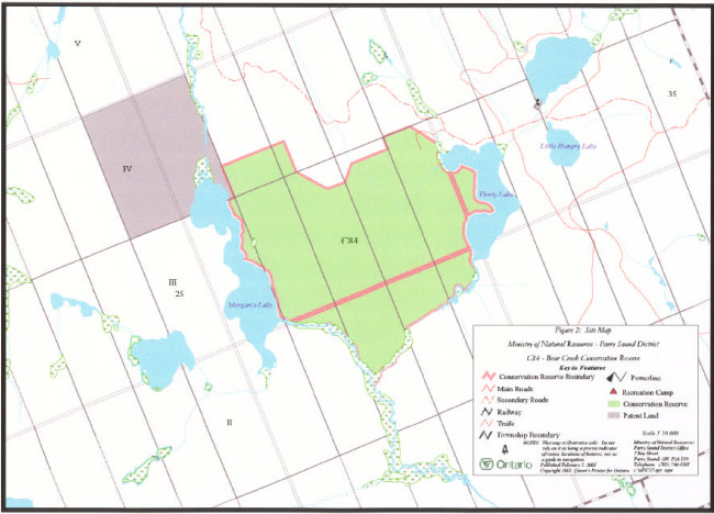 Site map of Bear Creek Conservation Reserve in Parry Sound District