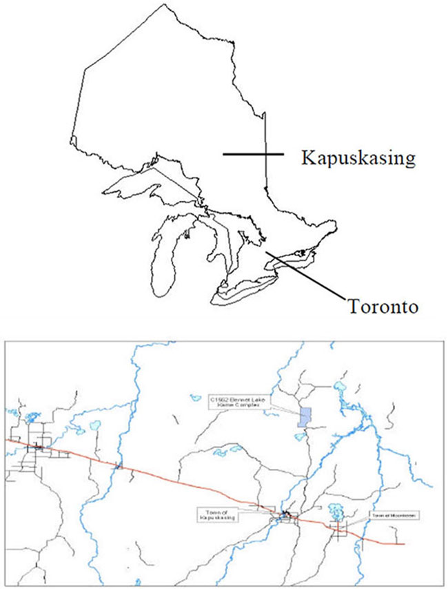 Inset of Ontario showing location of Kapuskasing; larger map showing location of the Bennet Lake Esker Kame complex conservation reserve in relation to Kapuskasing.