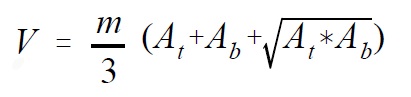 V equals start fraction m over 3 end fraction left parenthesis A t plus A b plus start root A t times A b end root right parenthesis