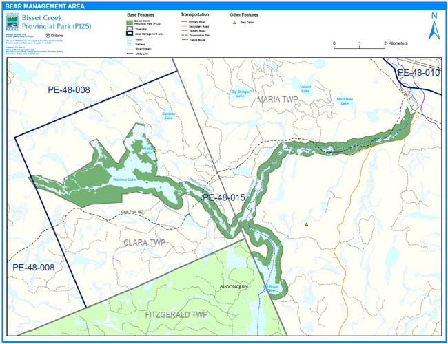 Map showing portions of two distinct Bear Management areas inside of Bisset Creek Provincial Park