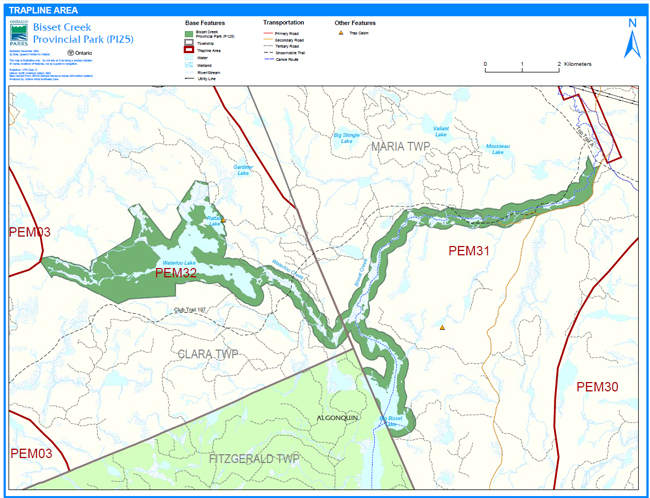 Map showing the trapline areas inside of Bisset Creek Provincial Park