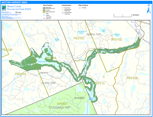 Map showing the baitfish harvest area inside of of Bisset Creek Provincial Park
