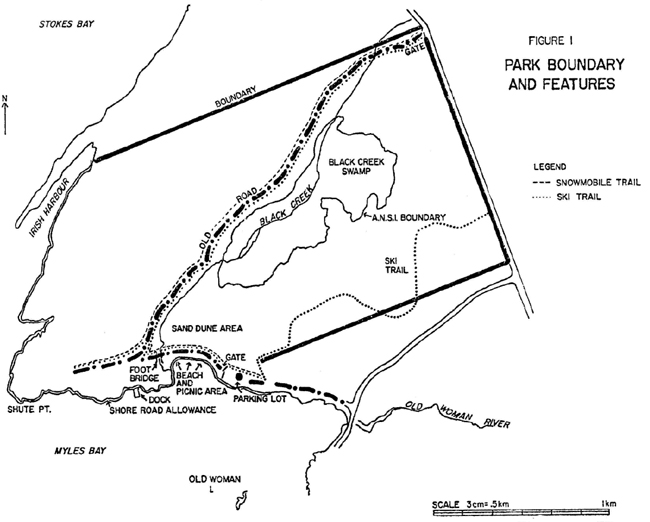 Map showing the Black Creek Park Reserve Park boundary as well as snowmobile and ski trails