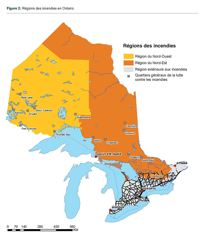 Carte des regions des incendies en Ontario