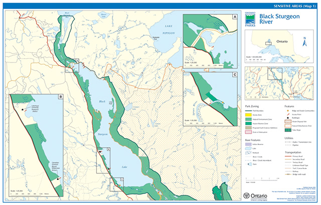 Map showing sensitive features of Black Sturgeon River Provincial Park