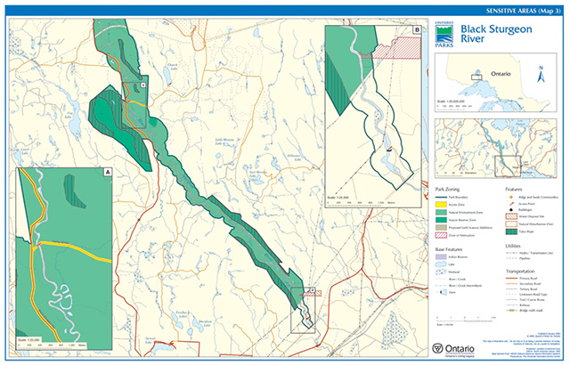 Map showing sensitive features of Black Sturgeon River Provincial Park