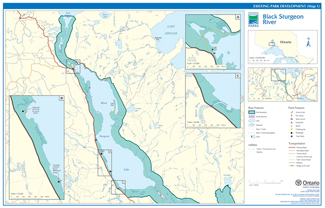 Map showing existing development of Black Sturgeon River Provincial Park