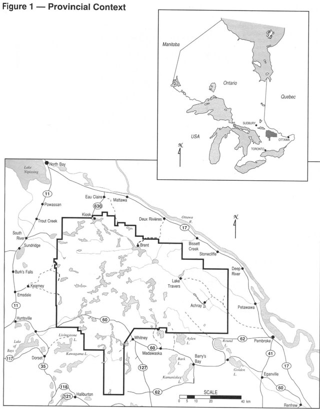 black and white map of the provincial context of the Algonquin Provincial Park Management Plan.