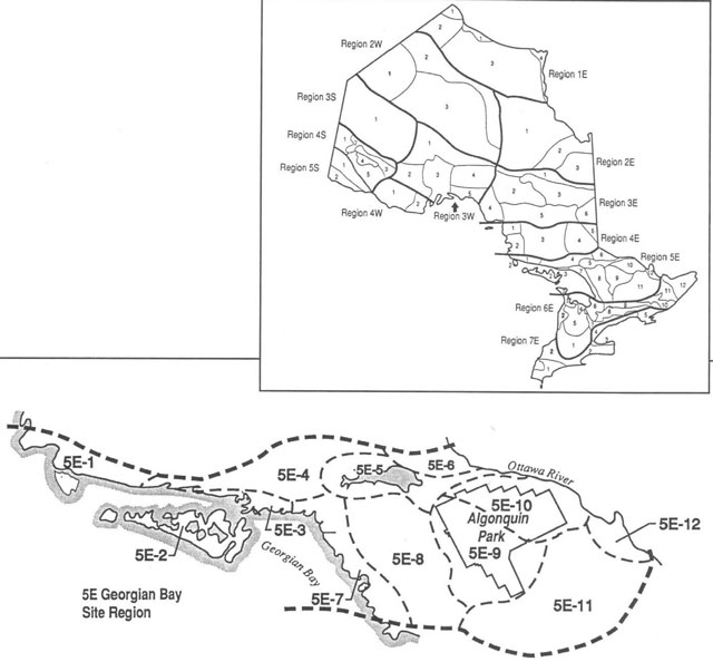 black and white map of Ontario site regions and districts with a detail map of the 5E Georgian Bay site region.