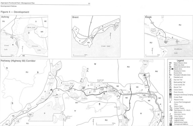 black and white map of the development of Achray, Brent, Kiosk, and the Parkway (Highway 60) Corridor. Maps legend includes twenty-seven features.