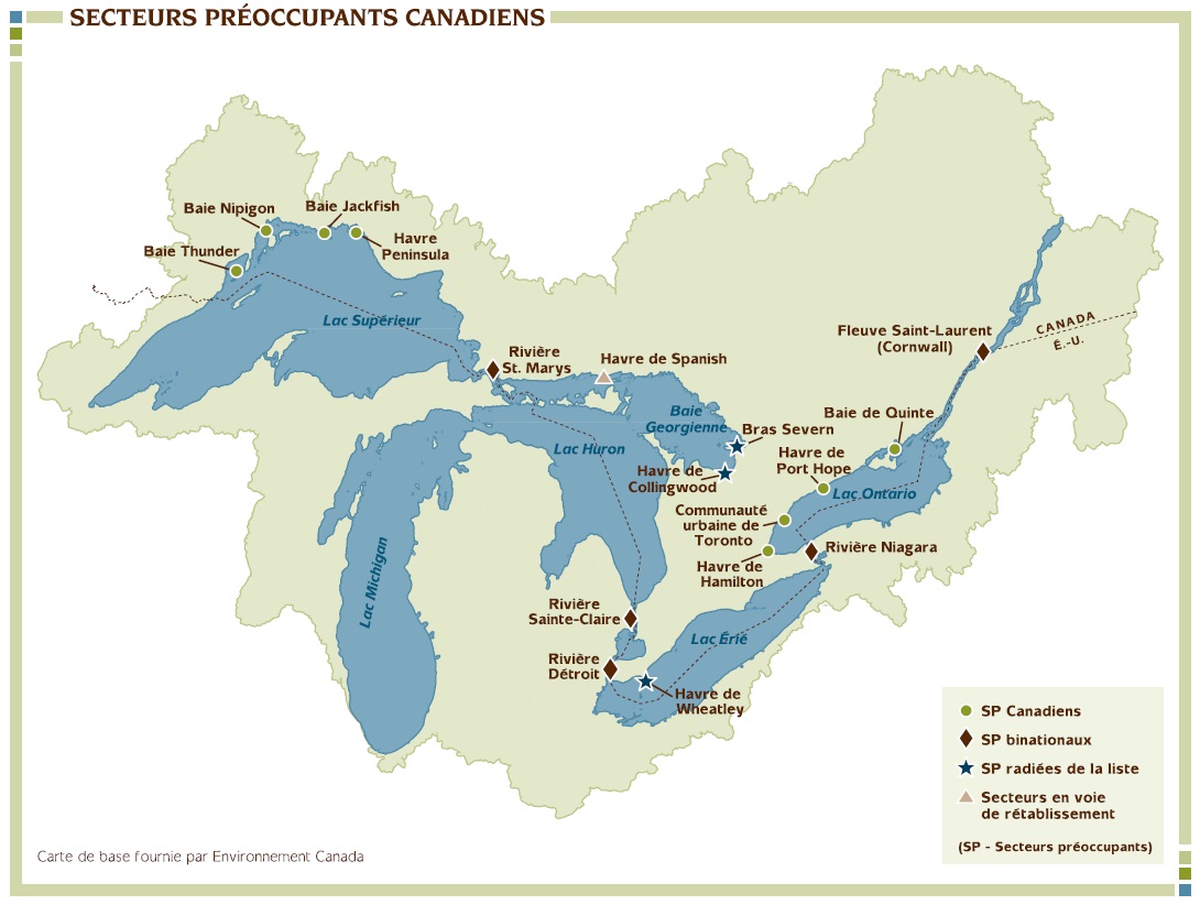 Ceci est une carte des cinq Grands Lacs - se déplaçant dans la direction de l’ouest vers l’est : le lac Supérieur, le lac Michigan, le lac Huron, la baie Georgienne (grande baie du lac Huron), le lac Érié et le lac Ontario. Etiqueté sur la carte, en plus des cinq Grands Lacs, sont les 17 secteurs préoccupants canadiens. Douze des secteurs préoccupants canadiens sont en Ontario seulement, et les cinq autres sont des rivières binationales ou des canaux de liaison et sont partagés avec les États-Unis. Les 17 secteurs préoccupants canadiens apparaissent comme suit (du nord-ouest au sud-est, se déplaçant d’amont en aval) : Baie Thunder, Baie Nipigon, Baie Jackfish, Havre Peninsula, Rivière Saint Marys (binational), Havre de Spanish (en voie de rétablissement), Bras Severn (ratiré de la liste), Havre de Collingwood (ratiré de la liste), Rivière Sainte-Claire (binational), Rivière Détroit (binational), Havre de Wheatley, Rivière Niagara (binational), Havre de Hamilton, Communité urbaines de Toronto, Havre de Port Hope, Baie de Quinte
Fleuve Saint-Laurent (binational)