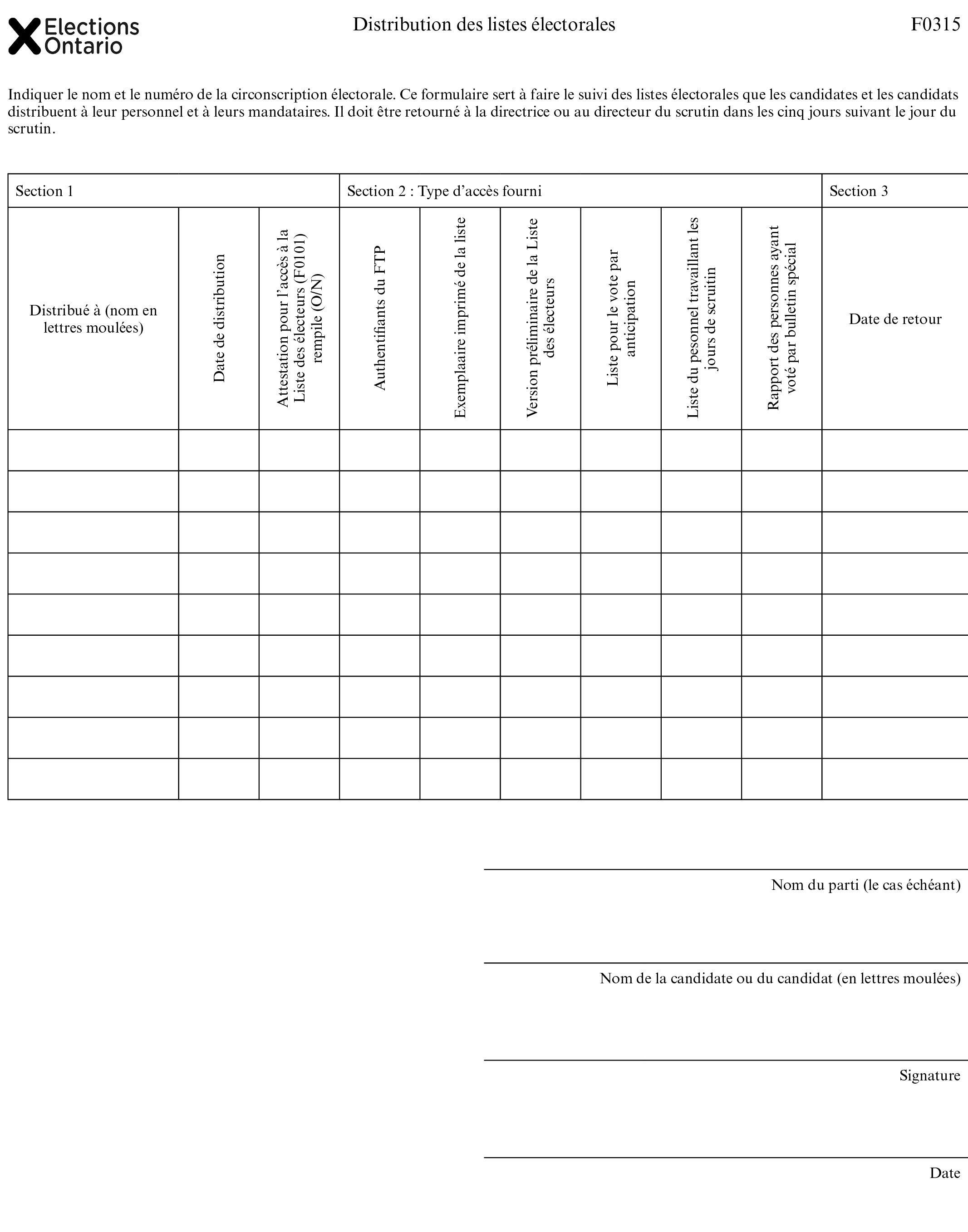 Distribution des listes électorales Indiquer le nom et le numéro de la circonscription électorale. Ce formulaire sert à faire le suivi des listes électorales que les candidates et les candidats distribuent à leur personnel et à leurs mandataires. Il doit être retourné à la directrice ou au directeur du scrutin dans les cinq jours suivant le jour du scrutin