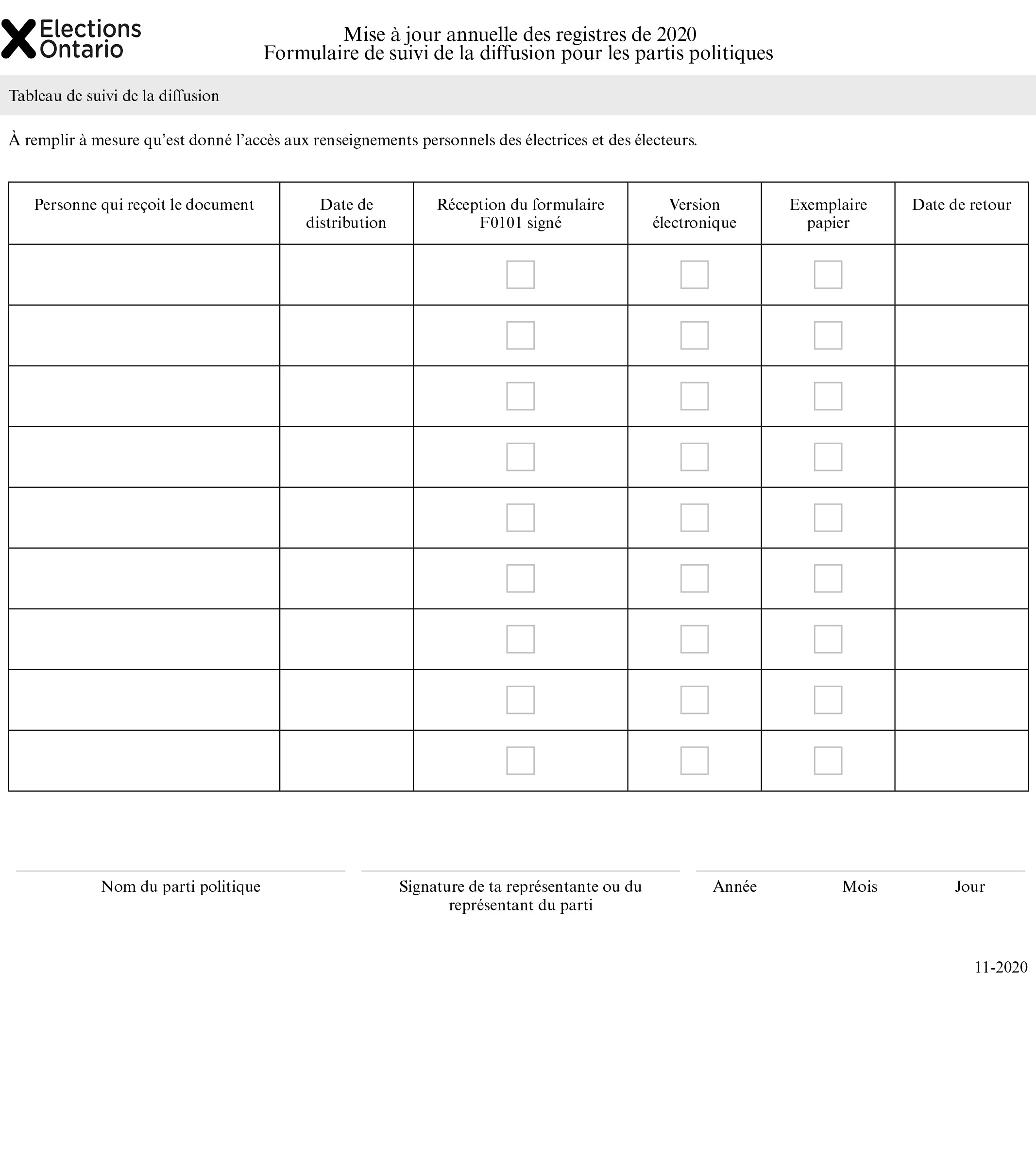 Mise à jour annuelle des registres de 2020  Formulaire de suivi de la diffusion pour les partis politiques : À remplir à mesure qu’est donné l’accès aux renseignements personnels des électrices et des électeurs