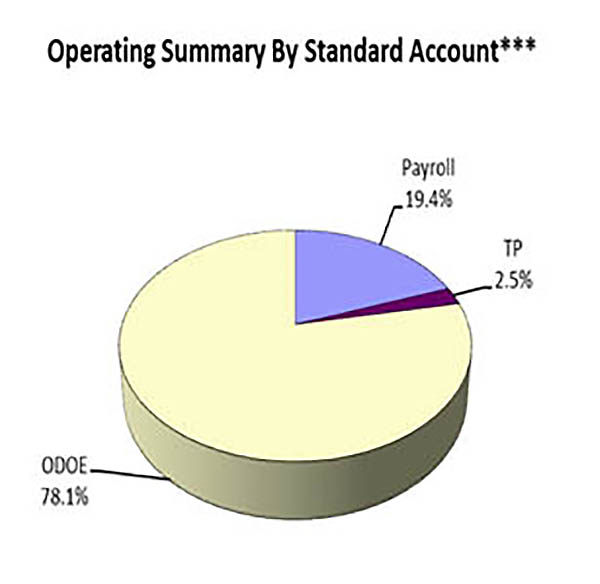 The Operating Summary By Standard Account Pie Chart shows Payroll at 19.4%, TP- 2.5% and Other Direct Operating Expenditures (is net of Recoveries and Includes Other Transactions) at 78.1%