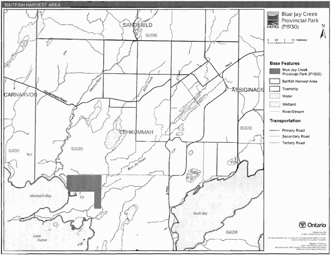 Map showing a shaded in polygon representing the Baitfish Harvest Area inside of Blue Jay Creek Provincial Park.