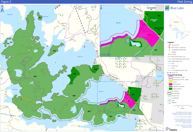 Map showing the proposed zoning for access points, developments, natural environments and nature reserves at Blue Lake Provincial Park