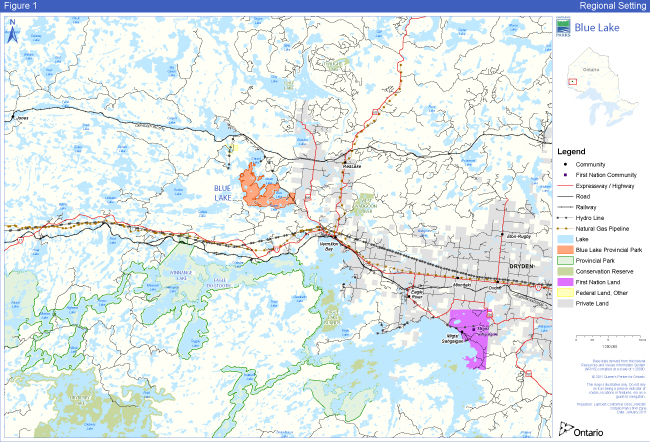 Map showing geographical location of Blue Lake Provincial Park in relation to its surrounding region