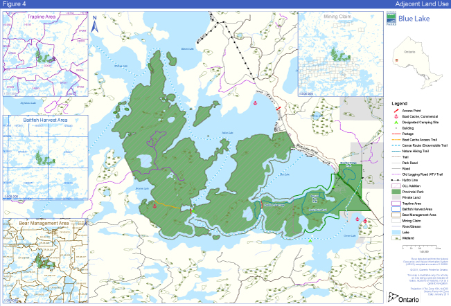 Map showing the Adjacent Land Use featuring the trap line area, baitfish harvest area, bear managemenet area and mining claims area in relation to Blue Lake Provincial Park