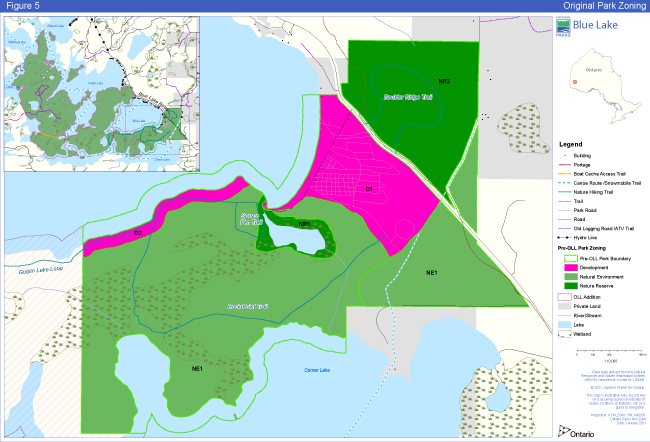 Map showing the pre-OLL park boundary, development zone, natural environment and nature reserve comprising the Original Park zoning for Blue Lake Provincial Park