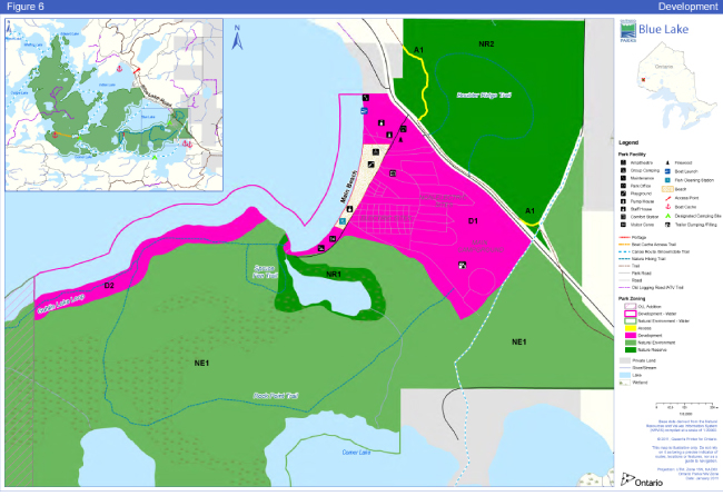 Map showing the OLL addition, development zone, natural environment, nature reserve and access roads comprising the new park zoning for for Blue Lake Provincial Park