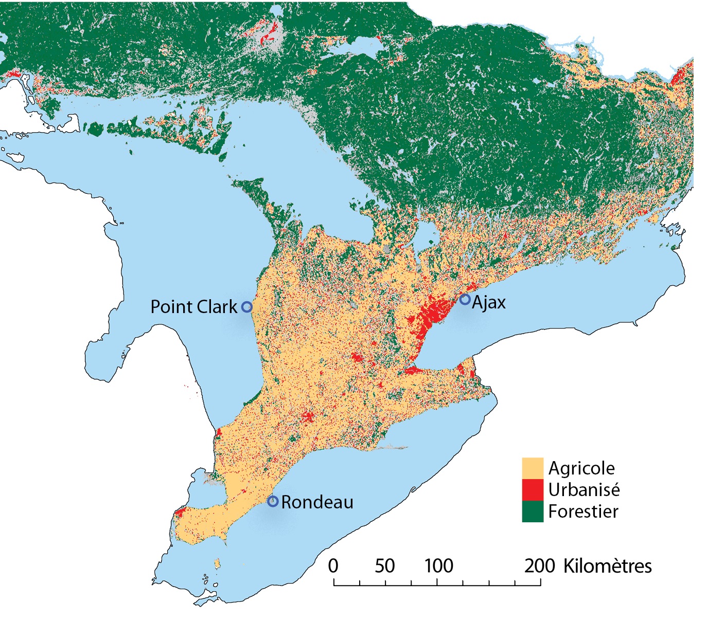 Carte de trois sites concernés par une récente étude comparative de la qualité de l’eau riveraine. Légende : jaune : agricole; rouge : urbanisé; vert : forestier 