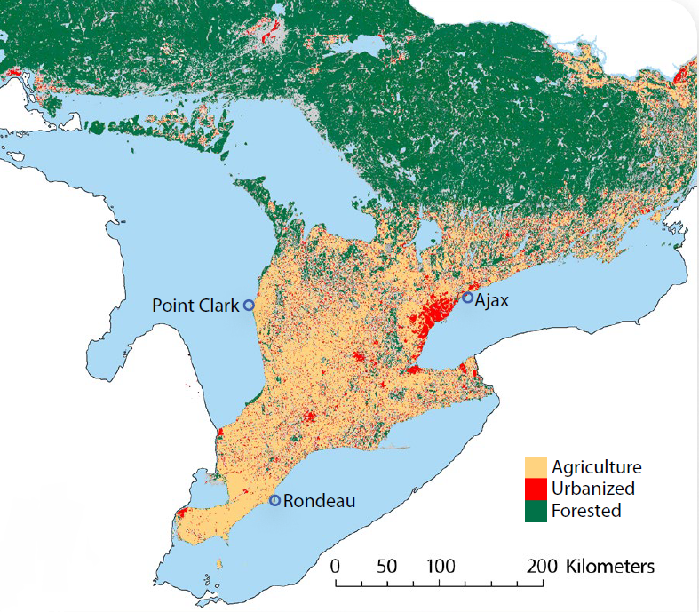 Map showing the three sites of a recent comparative study on nearshore water quality. Legend: yellow is Agriculture; red is Urbanized; green is Forested.