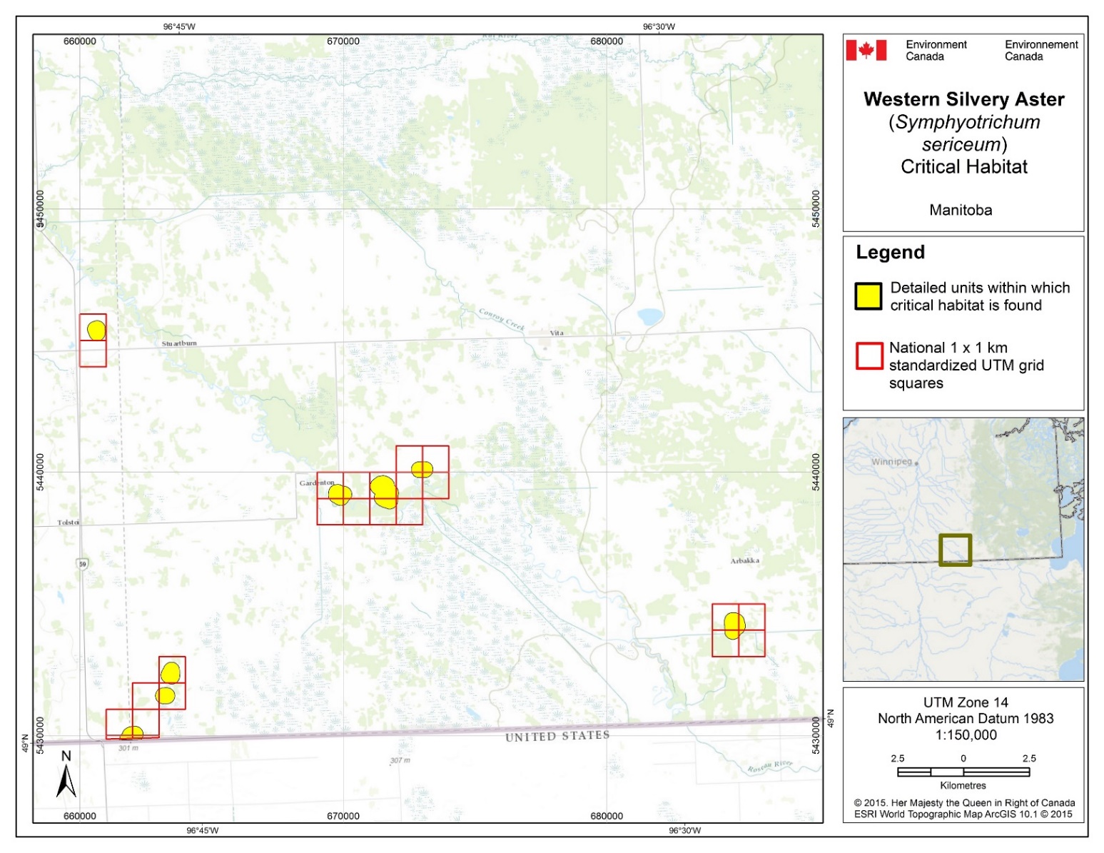 Figure B1: Map of Critical habitat for Western Silvery Aster in Manitoba