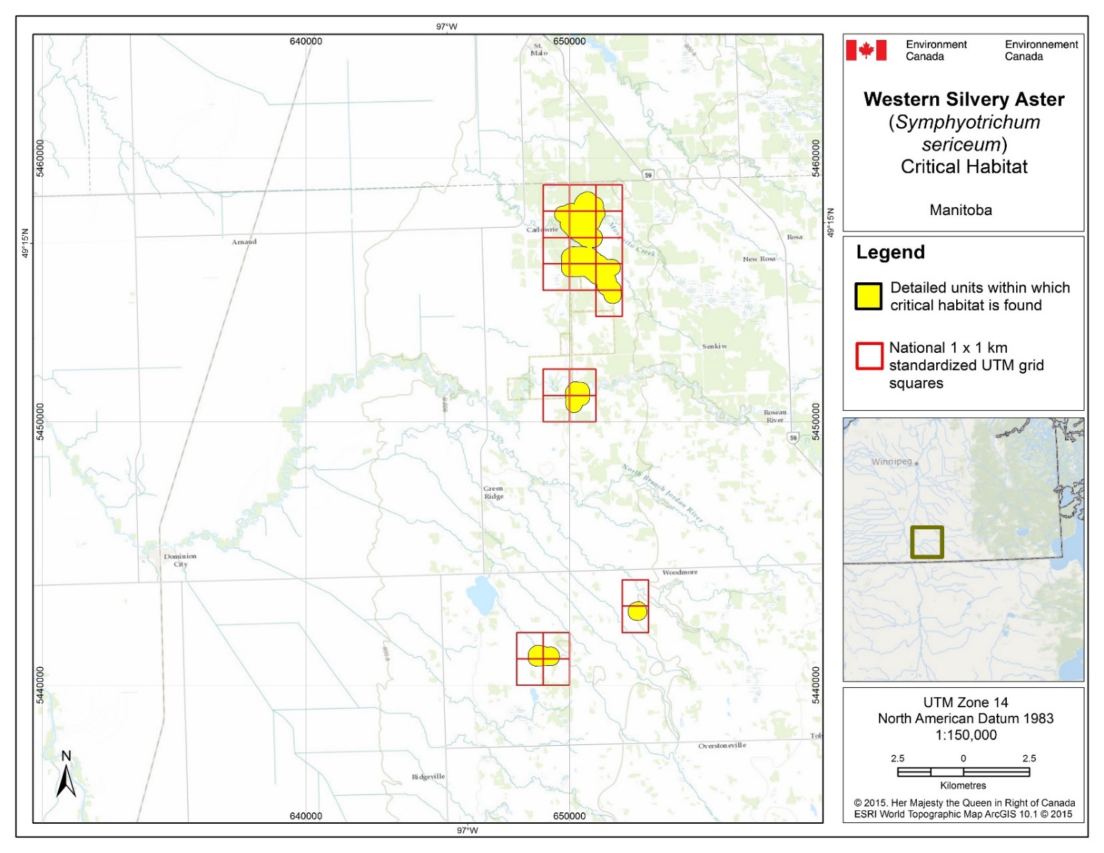 Figure B2: Map of Critical habitat for Western Silvery Aster in Manitoba