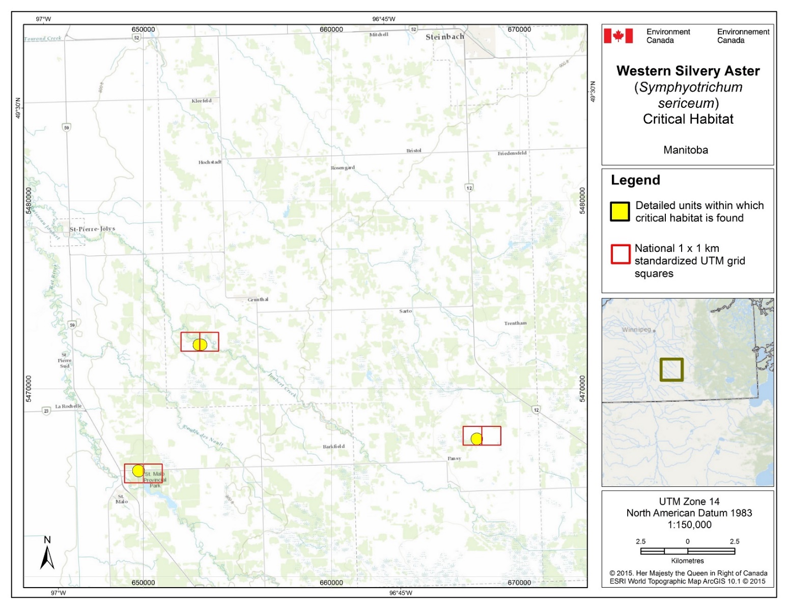 Figure B3: Map of Critical habitat for Western Silvery Aster in Manitoba