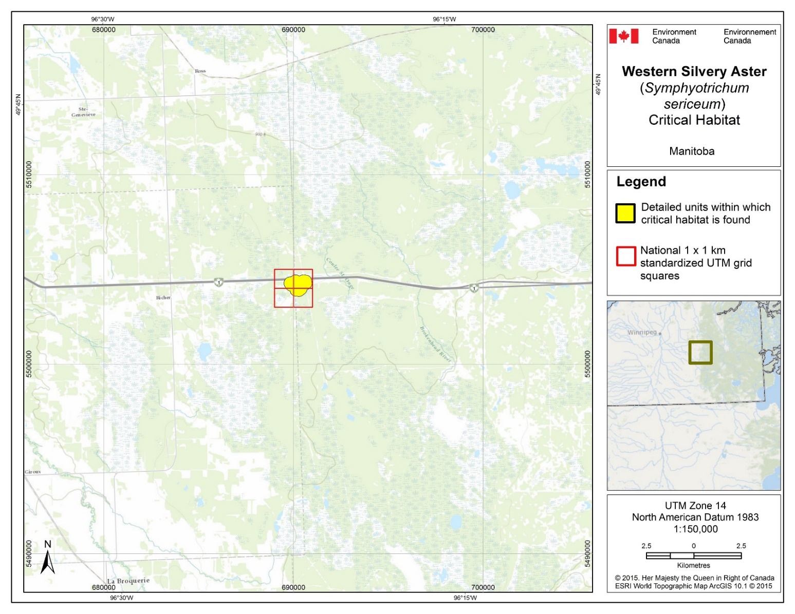 Figure B4: Map of Critical habitat for Western Silvery Aster in Manitoba
