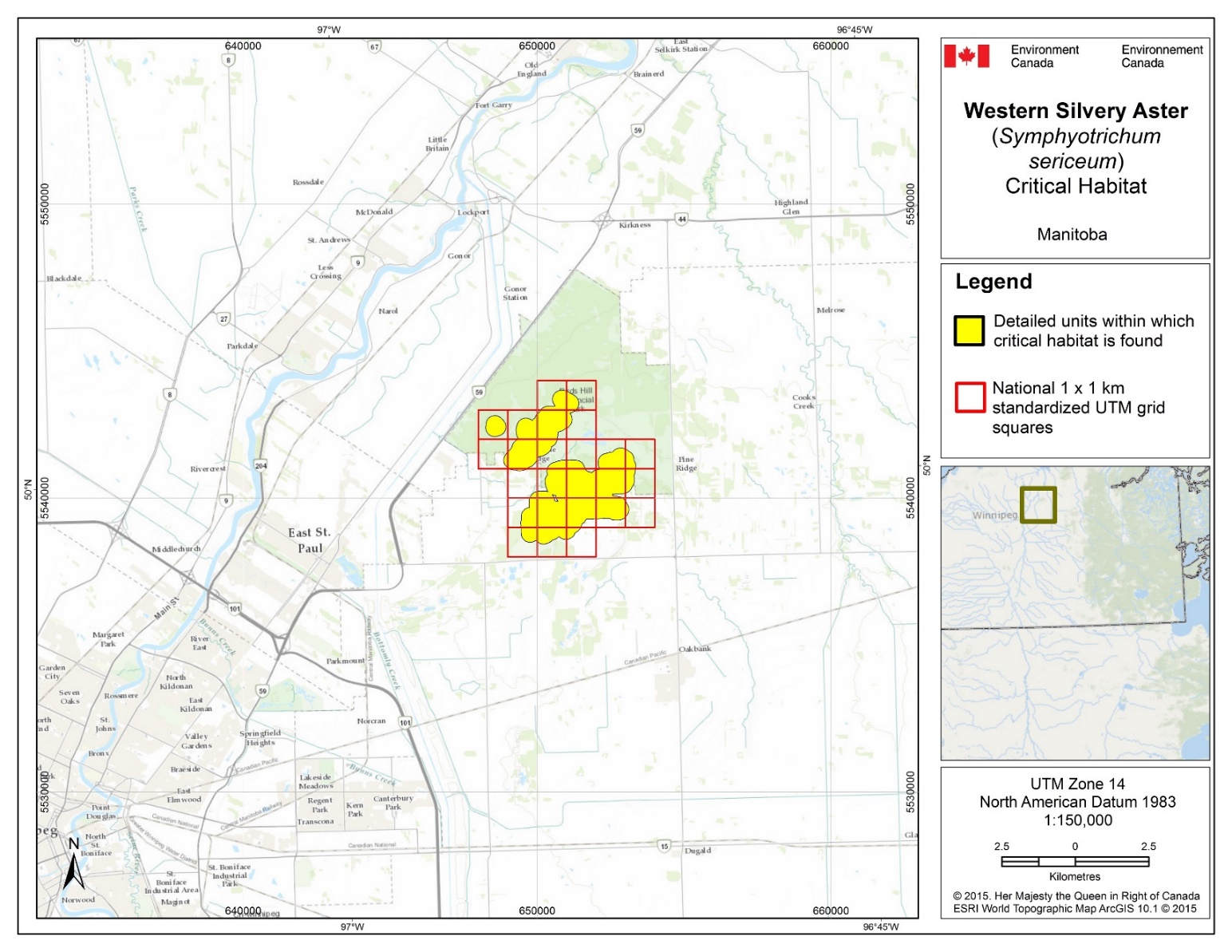Figure B5: Map of Critical habitat for Western Silvery Aster in Manitoba