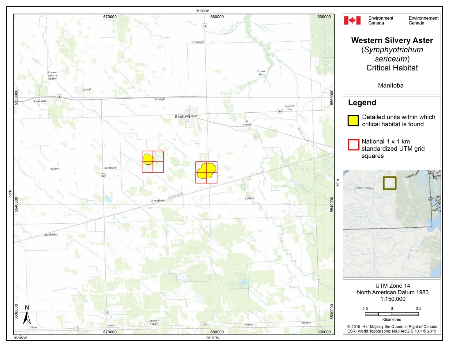 Figure B6: Map of Critical habitat for Western Silvery Aster in Manitoba