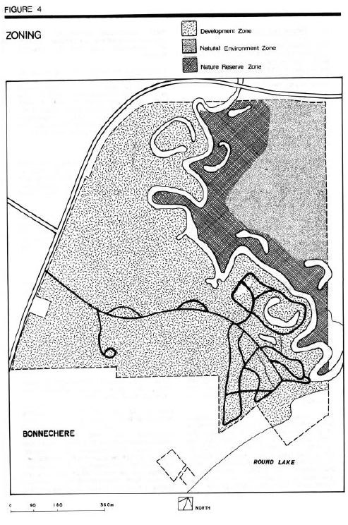 Map showing the zoning inside of Bonnechere Provincial Park, however no legend on the map to describe the various zones 